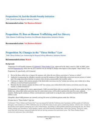 Proposition 34, End the Death Penalty Initiative
Title: Death Penalty Repeal. Initiative Statute.

Recommended action: Not Business Related




Proposition 35, Ban on Human Trafficking and Sex Slavery
Title: Human Trafficking. Penalties. Sex Offender Registration. Initiative Statute.



Recommended action: Not Business Related



Proposition 36, Changes in the "Three Strikes" Law
Title: Three Strikes Law. Sentencing for Repeat Felony Offenders. Initiative Statute.

Recommended action: Watch

Background:
   Proposition 36 will modify elements of California's "Three Strikes" Law, approved by the state's voters in 1994. In 2004, voters
  rejected Proposition 66, which like the 2012 measure was an attempt to change some aspects of the original "Three Strikes" Law.
  Proposition 36, specifically, will if enacted:

     Revise the three strikes law to impose life sentence only when the new felony conviction is "serious or violent".
     Authorize re-sentencing for offenders currently serving life sentences if their third strike conviction was not serious or violent
      and if the judge determines that the re-sentence does not pose unreasonable risk to public safety.
     Continue to impose a life sentence penalty if the third strike conviction was for "certain non-serious, non-violent sex or drug
      offenses or involved firearm possession".
     Maintain the life sentence penalty for felons with "non-serious, non-violent third strike if prior convictions were for rape,
      murder, or child molestation."
  If Proposition 36 is approved by voters, approximately 3,000 convicted felons who are currently serving life terms under the Three
  Strikes law, whose third strike conviction was for a nonviolent crime, will be able to petition the court for a new, reduced,
  sentence. Reducing the sentences of these current prisoners could result in saving the state somewhere between $150 to $200
  million a year.
  Altogether, about 8,800 prisoners are currently serving life terms in California prisons under the 1994 law.
  24 states have a "Three Strikes"-type law.
  California's "Three Strikes and You're Out" Law was passed by both the California state legislature and the people of California
  through a voter initiative in 1994. California was one of the first states to pass such a sentencing scheme, which is now viewed as
  the harshest (non-capital) sentencing law in the United States. According to official ballot materials promoting the law, the Three
  Strikes scheme was intended to "keep murders, rapists, and child molesters behind bars, where they belong." However, today,
  more than half of inmates sentenced under the law are serving sentences for nonviolent crime. The Three Strikes Project
  exclusively represents these individuals.

                                                   Southwest California Legislative Council
                                                                 July, 2012
 