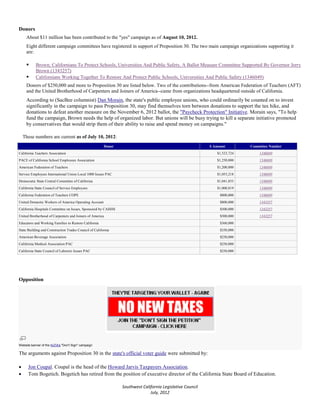 Donors
     About $11 million has been contributed to the "yes" campaign as of August 10, 2012.
     Eight different campaign committees have registered in support of Proposition 30. The two main campaign organizations supporting it
     are:

          Brown; Californians To Protect Schools, Universities And Public Safety, A Ballot Measure Committee Supported By Governor Jerry
           Brown (1343257)
          Californians Working Together To Restore And Protect Public Schools, Universities And Public Safety (1346049)
     Donors of $250,000 and more to Proposition 30 are listed below. Two of the contributions--from American Federation of Teachers (AFT)
     and the United Brotherhood of Carpenters and Joiners of America--came from organizations headquartered outside of California.
     According to (SacBee columnist) Dan Morain, the state's public employee unions, who could ordinarily be counted on to invest
     significantly in the campaign to pass Proposition 30, may find themselves torn between donations to support the tax hike, and
     donations to defeat another measure on the November 6, 2012 ballot, the "Paycheck Protection" Initiative. Morain says, "To help
     fund the campaign, Brown needs the help of organized labor. But unions will be busy trying to kill a separate initiative promoted
     by conservatives that would strip them of their ability to raise and spend money on campaigns."

    These numbers are current as of July 10, 2012:
                                                        Donor                                              $ Amount        Committee Number
California Teachers Association                                                                               $1,523,724       1346049
PACE of California School Employees Association                                                               $1,250,000       1346049
American Federation of Teachers                                                                               $1,200,000       1346049
Service Employees International Union Local 1000 Issues PAC                                                   $1,053,218       1346049
Democratic State Central Committee of California                                                              $1,041,855       1346049
California State Council of Service Employees                                                                 $1,000,819       1346049
California Federation of Teachers COPE                                                                          $800,000       1346049
United Domestic Workers of America Operating Account                                                            $800,000       1343257
California Hospitals Committee on Issues, Sponsored by CAHHS                                                    $500,000       1343257
United Brotherhood of Carpenters and Joiners of America                                                         $500,000       1343257
Educators and Working Families to Restore California                                                            $360,000
State Building and Construction Trades Council of California                                                    $350,000
American Beverage Association                                                                                   $250,000
California Medical Association PAC                                                                              $250,000
California State Council of Laborers Issues PAC                                                                 $250,000




Opposition




Website banner of the HJTA's "Don't Sign" campaign

The arguments against Proposition 30 in the state's official voter guide were submitted by:

•     Jon Coupal. Coupal is the head of the Howard Jarvis Taxpayers Association.
•     Tom Bogetich. Bogetich has retired from the position of executive director of the California State Board of Education.

                                                                Southwest California Legislative Council
                                                                              July, 2012
 