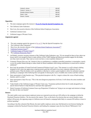Charles B. Johnson                                                 $50,000
                        Franklin P. Johnson, Jr.                                           $50,000
                        Nicoletta Holdings Company                                         $50,000
                        Robert J. Oster                                                    $50,000
                        Richard J. Riordan                                                 $50,000



Opposition
      The main campaign against the measure is No on 32, Stop the Special Exemptions Act.
      The California Labor Federation
      Dave Low, the executive director of the California School Employees Association
      California Common Cause
      California League of Women Voters
Arguments against



        The main campaign against the measure is No on 32, Stop the Special Exemptions Act.
        The California Labor Federation[1]
        Dave Low, the executive director of the California School Employees Association[15]
        California Common Cause[16]
        California League of Women Voters[16]
        The California Democratic Party[17]
      Art Pulaski, executive secretary-treasurer of the California Labor Federation, says, "It's not enough for them to have taken our
       houses and it's not enough for them to make millions off the TARP funding and federal government support for the banks,
       now they want even more. They want us to not even have a voice in politics whatsoever."
      Columnist Thomas Elias says, the "initiative's ban on contributions to candidate-controlled committees is meaningless, merely
       a cover for another blatant attempt to reduce funds for liberal candidates while letting contributions to conservatives continue
       unfettered."
      Ron Lind, the president of United Food and Commercial Workers Local 5, says, "The measure is a wolf in sheep's clothing
       designed to fool voters into approving a corporate power grab that will lead to even more corporate influence over our
       political system. What the backers won't say publicly is that they've written a giant loophole to allow for unlimited corporate
       spending on campaigns while furthering their real agenda of silencing the voices of middle-class workers and their unions."
      State representative Linda Sanchez says, "This paycheck deception is the No. 1 target to silence the voices of hard-working
       families, and it's a crime."
      State representative Judy Chu says, "This is the most dangerous proposition of all time. It will silence the union members and
       their voices."
      Trudy Schafer of the California League of Women Voters says, "It promises political reform but it's really designed by its
       special interest backers to help themselves and harm their opponents."
      Derek Cressman of California Common Cause says Proposition 32 backers are "trying to use our anger and mistrust to change
       the rules for their own benefit."
Donors
   The state's public sector (government employee) unions are expected to provide up to $28 million to the campaign to defeat the
   Paycheck Protection Initiative. The Sacramento Bee reports, "Now, on the heels of an election that saw unions handed a major
   defeat in Wisconsin, the opposing camps in California soon will launch a campaign battle likely to consume $50 million or more in
   political spending."
   According to Sac Bee columnist Dan Morain, the state's public employee unions may find themselves torn between funding the
   campaign to defeat the Paycheck Protection Initiative and funding the campaign to pass the Jerry Brown/"Millionaire's Tax"

                                                     Southwest California Legislative Council
                                                                   July, 2012
 