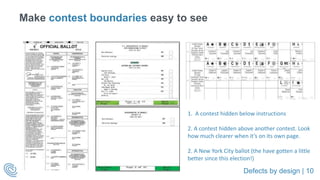 Defects by design | 10
Make contest boundaries easy to see
1. A contest hidden below instructions
2. A contest hidden above another contest. Look
how much clearer when it’s on its own page.
2. A New York City ballot (the have gotten a little
better since this election!)
 