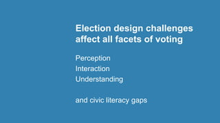 Election design challenges
affect all facets of voting
Perception
Interaction
Understanding
and civic literacy gaps
 