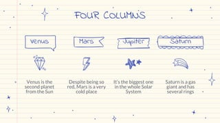 Venus is the
second planet
from the Sun
Despite being so
red, Mars is a very
cold place
It’s the biggest one
in the whole Solar
System
Saturn is a gas
giant and has
several rings
FOUR COLUMNS
Mars Jupiter Saturn
Venus
 