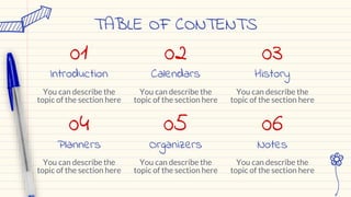 TABLE OF CONTENTS
Introduction
01
You can describe the
topic of the section here
Calendars
02
You can describe the
topic of the section here
History
03
You can describe the
topic of the section here
Planners
04
You can describe the
topic of the section here
Organizers
05
You can describe the
topic of the section here
Notes
06
You can describe the
topic of the section here
 