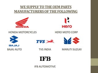 WE SUPPLY TO THE OEM PARTS
MANUFACTURERS OF THE FOLLOWING

HONDA MOTORCYCLES

BAJAJ AUTO

HERO MOTO CORP

TVS INDIA

IFB AUTOMOTIVE

MARUTI SUZUKI

 