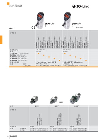 38 
压2 个可编程开关点 
1 个可编程开关点和模拟 
（常开或常闭） 
量输出 0...10 V DC 
订购代码 
订货编号 
供电电压 U18...36 V DC 18...36 V DC B 长度94 mm 94 mm - 1...2 bar（–14.5...29 psi） n n 0...10 bar（0...145 psi） n n 0...250 bar（0...3626 psi） n n 0...400 bar（0...5802 psi） n n 0...600 bar（0...8702 psi） n n 环境/介质温度- 40⋯+85 °C/ - 40...+125 °C - 40⋯+85 °C/ - 40...+125 °C 连接插头M12 插头，4 针M12 插头，4 针工艺连接件G1/4 英寸内螺纹符合 DIN EN 3852 要求G1/4 英寸内螺纹符合 DIN EN 3852 要求BSP00CF 
BSP V002-EV003- 
D00S1B-S4 
BSP00CL 
BSP B010-EV003- 
D00S1B-S4 
BSP00CR 
BSP B250-EV003- 
D00S1B-S4 
BSP00CT 
BSP B400-EV003- 
D00S1B-S4 
BSP00CU 
BSP B600-EV003- 
D00S1B-S4 
BSP00AM 
BSP V002-EV003- 
A00S1B-S4 
BSP00AT 
BSP B010-EV003- 
A00S1B-S4 
BSP00AZ 
BSP B250-EV003- 
A00S1B-S4 
BSP00C0 
BSP B400-EV003- 
A00S1B-S4 
BSP00C1 
BSP B600-EV003- 
A00S1B-S4 
力传感器 
高端设计 
适配器 
PNP 压力传感器 
压说明适配器 G 1/4" 适配器 G 1/4" 适配器 G 1/2" 订购代码 
订货编号 
外壳材质不锈钢不锈钢不锈钢连接传感器侧G1/4 英寸符合 DIN EN 3852 要求G1/4 英寸符合 DIN EN 3852 要求G1/4 英寸符合 DIN EN 3852 要求工艺侧G1/4 英寸符合 DIN EN 3852 要求G1/4 英寸符合 DIN EN 837 要求G1/2 英寸符合 DIN EN 3852 要求BAM01KP 
BAM AD-SP-008- 
1G4/1G4-4 
BAM01KR 
BAM AD-SP-008- 
1G4/1G4-4-EN837 
BAM01UJ 
BAM AD-SP-008- 
1G4/1G2-4 
力螺纹 
接口符合 
用于不同EN 837 要求 
工艺连接件的适配器 
 