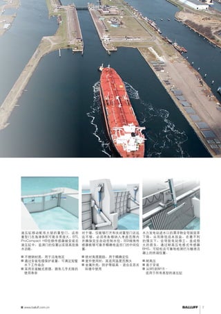 7 
锁启闭 
液压缸移动配有大锁的重型门，这些 
重型门在海港体积可能非常庞大。BTL 
ProCompact HB位移传感器被安装在 
液压缸中，监测门的位置以实现高效换 
水功能。 
■■不锈钢材质，用于沿海地区 
■■通过安装电缆保护装置，可满足短暂 
水下工作场合 
■■采用非接触式原理，拥有几乎无限的 
使用寿命 
控制门 
对于堰，仅能够打开和关闭重型门还远 
远不够。必须将鱼梯纳入考虑范围内 
并确保完全自动控制水位。BSI倾角传 
感器能够可靠并精确地监控门的中间位 
置。 
■■绝对角度跟踪，用于精确定位 
■■室外使用时，其适用温度范围大 
■■金属外壳，防护等级高 - 适合在恶劣 
环境中使用 
检测拦污栅清洁器终端位置 
水力发电站进水口的漂浮物会导致效率 
下降，从而降低成本效益。在最不利 
的情况下，会导致电站停工，造成很 
大的损失。通过耐高压电感式传感器 
BHS，可轻松且可靠地检测拦污栅清洁 
器上的终端位置。 
■■耐高压 
■■易于安装 
■■从M5到M18– 
适用于所有类型的液压缸 
www.balluff.com.cn 
 