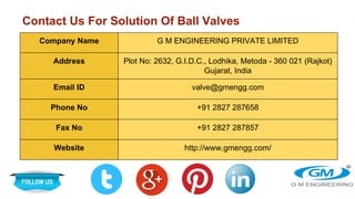 Contact Us For Solution Of Ball Valves
Company Name G M ENGINEERING PRIVATE LIMITED
Address Plot No: 2632, G.I.D.C., Lodhi...