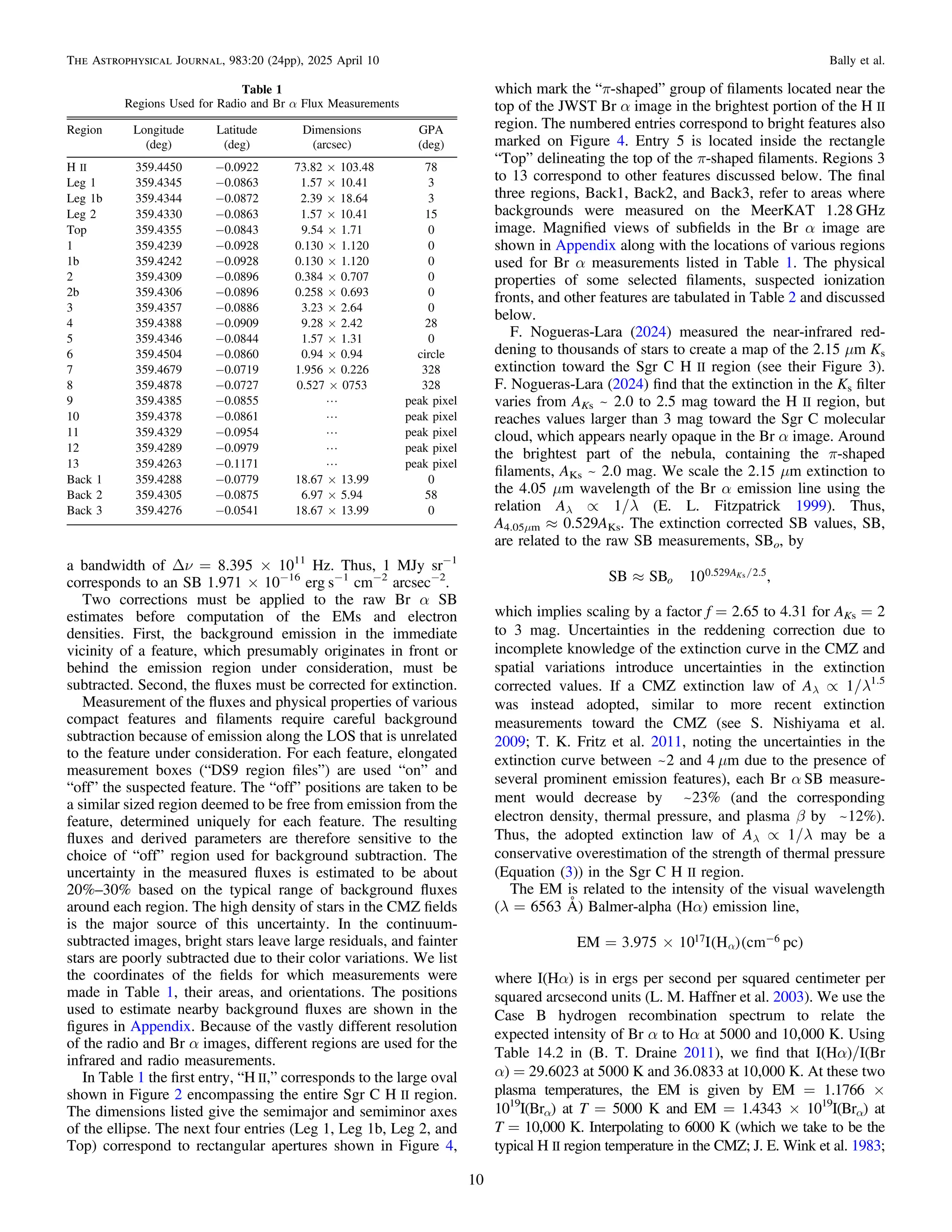 a bandwidth of Δν = 8.395 × 1011
Hz. Thus, 1 MJy sr−1
corresponds to an SB 1.971 × 10−16
erg s−1
cm−2
arcsec−2
.
Two corrections must be applied to the raw Br α SB
estimates before computation of the EMs and electron
densities. First, the background emission in the immediate
vicinity of a feature, which presumably originates in front or
behind the emission region under consideration, must be
subtracted. Second, the ﬂuxes must be corrected for extinction.
Measurement of the ﬂuxes and physical properties of various
compact features and ﬁlaments require careful background
subtraction because of emission along the LOS that is unrelated
to the feature under consideration. For each feature, elongated
measurement boxes (“DS9 region ﬁles”) are used “on” and
“off” the suspected feature. The “off” positions are taken to be
a similar sized region deemed to be free from emission from the
feature, determined uniquely for each feature. The resulting
ﬂuxes and derived parameters are therefore sensitive to the
choice of “off” region used for background subtraction. The
uncertainty in the measured ﬂuxes is estimated to be about
20%–30% based on the typical range of background ﬂuxes
around each region. The high density of stars in the CMZ ﬁelds
is the major source of this uncertainty. In the continuum-
subtracted images, bright stars leave large residuals, and fainter
stars are poorly subtracted due to their color variations. We list
the coordinates of the ﬁelds for which measurements were
made in Table 1, their areas, and orientations. The positions
used to estimate nearby background ﬂuxes are shown in the
ﬁgures in Appendix. Because of the vastly different resolution
of the radio and Br α images, different regions are used for the
infrared and radio measurements.
In Table 1 the ﬁrst entry, “H II,” corresponds to the large oval
shown in Figure 2 encompassing the entire Sgr C H II region.
The dimensions listed give the semimajor and semiminor axes
of the ellipse. The next four entries (Leg 1, Leg 1b, Leg 2, and
Top) correspond to rectangular apertures shown in Figure 4,
which mark the “π-shaped” group of ﬁlaments located near the
top of the JWST Br α image in the brightest portion of the H II
region. The numbered entries correspond to bright features also
marked on Figure 4. Entry 5 is located inside the rectangle
“Top” delineating the top of the π-shaped ﬁlaments. Regions 3
to 13 correspond to other features discussed below. The ﬁnal
three regions, Back1, Back2, and Back3, refer to areas where
backgrounds were measured on the MeerKAT 1.28 GHz
image. Magniﬁed views of subﬁelds in the Br α image are
shown in Appendix along with the locations of various regions
used for Br α measurements listed in Table 1. The physical
properties of some selected ﬁlaments, suspected ionization
fronts, and other features are tabulated in Table 2 and discussed
below.
F. Nogueras-Lara (2024) measured the near-infrared red-
dening to thousands of stars to create a map of the 2.15 μm Ks
extinction toward the Sgr C H II region (see their Figure 3).
F. Nogueras-Lara (2024) ﬁnd that the extinction in the Ks ﬁlter
varies from AKs ~ 2.0 to 2.5 mag toward the H II region, but
reaches values larger than 3 mag toward the Sgr C molecular
cloud, which appears nearly opaque in the Br α image. Around
the brightest part of the nebula, containing the π-shaped
ﬁlaments, AKs ~ 2.0 mag. We scale the 2.15 μm extinction to
the 4.05 μm wavelength of the Br α emission line using the
relation Aλ ∝ 1/λ (E. L. Fitzpatrick 1999). Thus,
A4.05μm ≈ 0.529AKs. The extinction corrected SB values, SB,
are related to the raw SB measurements, SBo, by
/
»
SB SB 10 ,
o
A
0.529 2.5
Ks
which implies scaling by a factor f = 2.65 to 4.31 for AKs = 2
to 3 mag. Uncertainties in the reddening correction due to
incomplete knowledge of the extinction curve in the CMZ and
spatial variations introduce uncertainties in the extinction
corrected values. If a CMZ extinction law of Aλ ∝ 1/λ1.5
was instead adopted, similar to more recent extinction
measurements toward the CMZ (see S. Nishiyama et al.
2009; T. K. Fritz et al. 2011, noting the uncertainties in the
extinction curve between ~2 and 4 μm due to the presence of
several prominent emission features), each Br α SB measure-
ment would decrease by ~23% (and the corresponding
electron density, thermal pressure, and plasma β by ~12%).
Thus, the adopted extinction law of Aλ ∝ 1/λ may be a
conservative overestimation of the strength of thermal pressure
(Equation (3)) in the Sgr C H II region.
The EM is related to the intensity of the visual wavelength
(λ = 6563 Å) Balmer-alpha (Hα) emission line,
( )( )
= ´ a
-
EM 3.975 10 I H cm pc
17 6
where I(Hα) is in ergs per second per squared centimeter per
squared arcsecond units (L. M. Haffner et al. 2003). We use the
Case B hydrogen recombination spectrum to relate the
expected intensity of Br α to Hα at 5000 and 10,000 K. Using
Table 14.2 in (B. T. Draine 2011), we ﬁnd that I(Hα)/I(Br
α) = 29.6023 at 5000 K and 36.0833 at 10,000 K. At these two
plasma temperatures, the EM is given by EM = 1.1766 ×
1019
I(Brα) at T = 5000 K and EM = 1.4343 × 1019
I(Brα) at
T = 10,000 K. Interpolating to 6000 K (which we take to be the
typical H II region temperature in the CMZ; J. E. Wink et al. 1983;
Table 1
Regions Used for Radio and Br α Flux Measurements
Region Longitude Latitude Dimensions GPA
(deg) (deg) (arcsec) (deg)
H II 359.4450 −0.0922 73.82 × 103.48 78
Leg 1 359.4345 −0.0863 1.57 × 10.41 3
Leg 1b 359.4344 −0.0872 2.39 × 18.64 3
Leg 2 359.4330 −0.0863 1.57 × 10.41 15
Top 359.4355 −0.0843 9.54 × 1.71 0
1 359.4239 −0.0928 0.130 × 1.120 0
1b 359.4242 −0.0928 0.130 × 1.120 0
2 359.4309 −0.0896 0.384 × 0.707 0
2b 359.4306 −0.0896 0.258 × 0.693 0
3 359.4357 −0.0886 3.23 × 2.64 0
4 359.4388 −0.0909 9.28 × 2.42 28
5 359.4346 −0.0844 1.57 × 1.31 0
6 359.4504 −0.0860 0.94 × 0.94 circle
7 359.4679 −0.0719 1.956 × 0.226 328
8 359.4878 −0.0727 0.527 × 0753 328
9 359.4385 −0.0855 L peak pixel
10 359.4378 −0.0861 L peak pixel
11 359.4329 −0.0954 L peak pixel
12 359.4289 −0.0979 L peak pixel
13 359.4263 −0.1171 L peak pixel
Back 1 359.4288 −0.0779 18.67 × 13.99 0
Back 2 359.4305 −0.0875 6.97 × 5.94 58
Back 3 359.4276 −0.0541 18.67 × 13.99 0
10
The Astrophysical Journal, 983:20 (24pp), 2025 April 10 Bally et al.
 