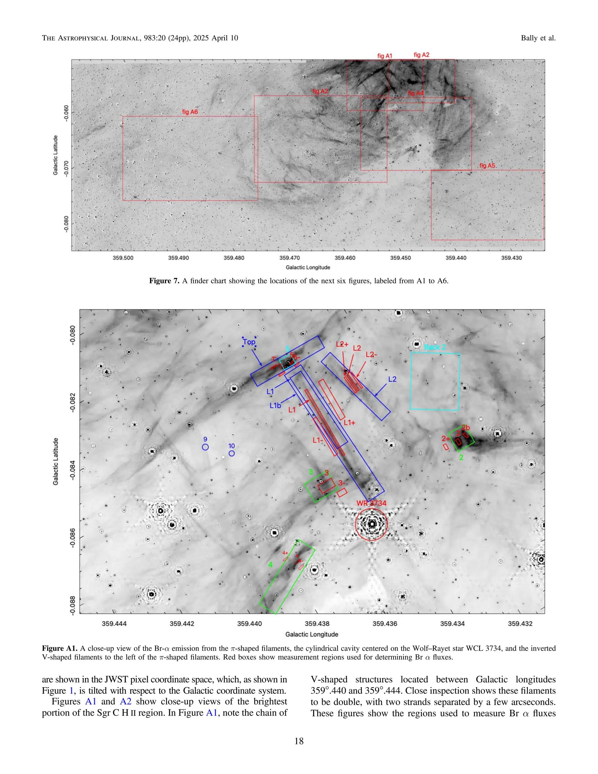 are shown in the JWST pixel coordinate space, which, as shown in
Figure 1, is tilted with respect to the Galactic coordinate system.
Figures A1 and A2 show close-up views of the brightest
portion of the Sgr C H II region. In Figure A1, note the chain of
V-shaped structures located between Galactic longitudes
359°.440 and 359°.444. Close inspection shows these ﬁlaments
to be double, with two strands separated by a few arcseconds.
These ﬁgures show the regions used to measure Br α ﬂuxes
Figure 7. A ﬁnder chart showing the locations of the next six ﬁgures, labeled from A1 to A6.
Figure A1. A close-up view of the Br-α emission from the π-shaped ﬁlaments, the cylindrical cavity centered on the Wolf–Rayet star WCL 3734, and the inverted
V-shaped ﬁlaments to the left of the π-shaped ﬁlaments. Red boxes show measurement regions used for determining Br α ﬂuxes.
18
The Astrophysical Journal, 983:20 (24pp), 2025 April 10 Bally et al.
 