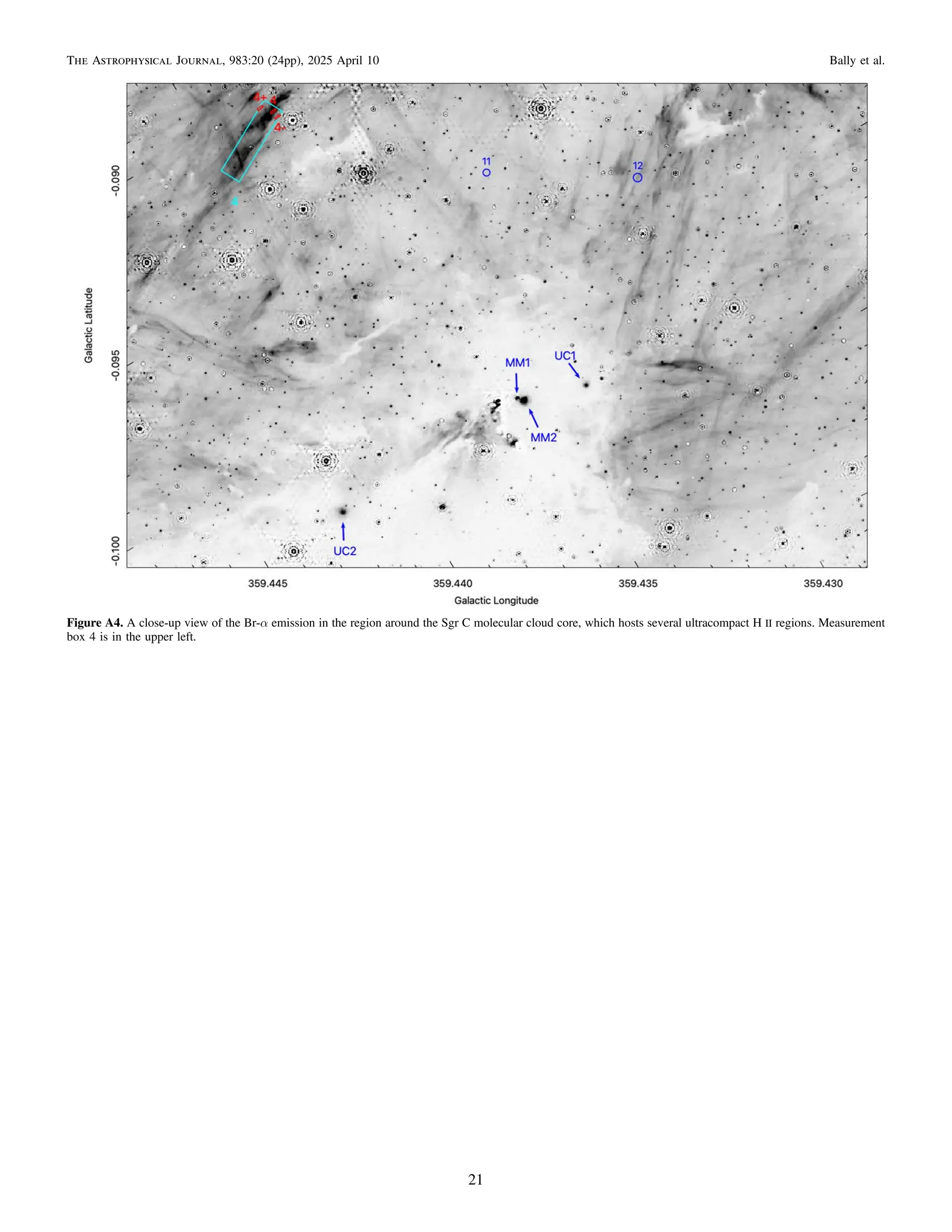 Figure A4. A close-up view of the Br-α emission in the region around the Sgr C molecular cloud core, which hosts several ultracompact H II regions. Measurement
box 4 is in the upper left.
21
The Astrophysical Journal, 983:20 (24pp), 2025 April 10 Bally et al.
 