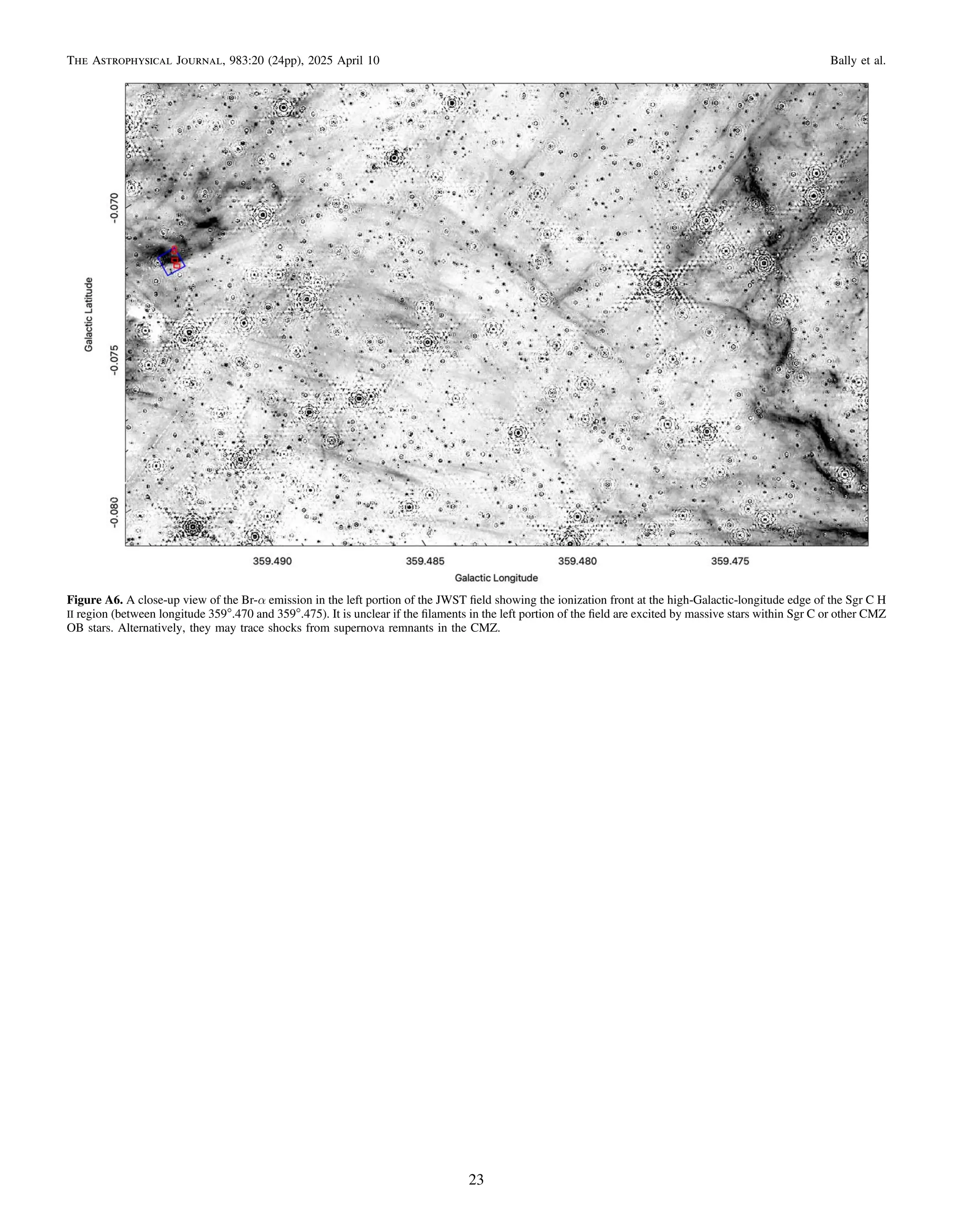 Figure A6. A close-up view of the Br-α emission in the left portion of the JWST ﬁeld showing the ionization front at the high-Galactic-longitude edge of the Sgr C H
II region (between longitude 359°.470 and 359°.475). It is unclear if the ﬁlaments in the left portion of the ﬁeld are excited by massive stars within Sgr C or other CMZ
OB stars. Alternatively, they may trace shocks from supernova remnants in the CMZ.
23
The Astrophysical Journal, 983:20 (24pp), 2025 April 10 Bally et al.
 