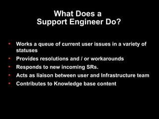 What Does a  Support Engineer Do? Works a queue of current user issues in a variety of statuses Provides resolutions and / or workarounds Responds to new incoming SRs. Acts as liaison between user and Infrastructure team Contributes to Knowledge base content  
