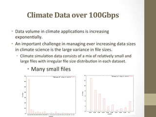 Climate	
  Data	
  over	
  100Gbps	
  
•  Data	
  volume	
  in	
  climate	
  applica=ons	
  is	
  increasing	
  
   exponen=ally.	
  
•  An	
  important	
  challenge	
  in	
  managing	
  ever	
  increasing	
  data	
  sizes	
  
   in	
  climate	
  science	
  is	
  the	
  large	
  variance	
  in	
  ﬁle	
  sizes.	
  	
  
   •  Climate	
  simula=on	
  data	
  consists	
  of	
  a	
  mix	
  of	
  rela=vely	
  small	
  and	
  
      large	
  ﬁles	
  with	
  irregular	
  ﬁle	
  size	
  distribu=on	
  in	
  each	
  dataset.	
  	
  
            •  Many	
  small	
  ﬁles	
  
 