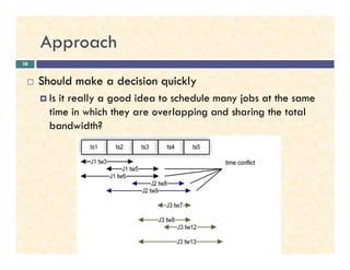 Approach
Should make a decision quickly
Is it really a good idea to schedule many jobs at the same
time in which they are overlapping and sharing the total
bandwidth?
38
 