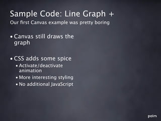 Sample Code: Line Graph +
Our ﬁrst Canvas example was pretty boring


• Canvas still draws the
  graph

• CSS adds some spice
  • Activate/deactivate
    animation
  • More interesting styling
  • No additional JavaScript
 