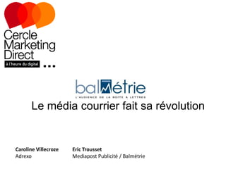Le média courrier fait sa révolution

Caroline Villecroze
Adrexo

Eric Trousset
Mediapost Publicité / Balmétrie

 