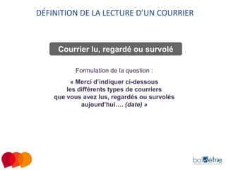DÉFINITION DE LA LECTURE D’UN COURRIER

Courrier lu, regardé ou survolé
Formulation de la question :
« Merci d’indiquer ci-dessous
les différents types de courriers
que vous avez lus, regardés ou survolés
aujourd’hui…. (date) »

 