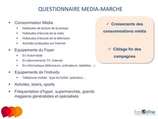 QUESTIONNAIRE MEDIA-MARCHE


Consommation Média



Habitudes d’écoute de la radio



Habitudes d’écoute de la télévision





Habitudes de lecture de la presse

Activités pratiquées sur Internet

Equipements du Foyer


En Automobile



En abonnements TV, Internet





 Croisements des

En informatique (téléviseurs, ordinateurs, tablettes…)

Equipements de l’Individu


Téléphone mobile : type de forfait, opérateur…



Activités, loisirs, sports



Fréquentation d’hyper, supermarchés, grands
magasins généralistes et spécialisés

consommations média

 Ciblage fin des
campagnes

 
