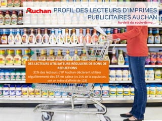 PROFIL DES LECTEURS D’IMPRIMES
PUBLICITAIRES AUCHAN
Au-delà du socio-démo…

DES LECTEURS UTILISATEURS RÉGULIERS DE BONS DE
REDUCTIONS
31% des lecteurs d’IP Auchan déclarent utiliser
régulièrement des BR en caisse (vs 25% de la population,
soit un indice d’affinité de 123)

 