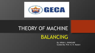 THEORY OF MACHINE
BALANCING
By: KIRAN J. BHINGARE
Guided By: Prof. K. R. Madavi
 