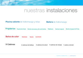 nuestras instalaciones 
Piscina caliente de hidromasaje y relax Bañera de hidromasaje 
Frigidarios Fuente de hielo Ducha escocesa y de contrastes Pediluvio Ducha tropical Ducha masaje de Vichy 
nuestras instalaciones (1) » balneapolis » 
Baños de calor Hamman Sauna Laconium 
9 Cabinas 2 cabinas de belleza 2 cabinas de salud 4 cabinas de masaje 1 cabina oriental 
 