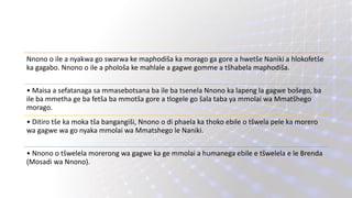 Nnono o ile a nyakwa go swarwa ke maphodiša ka morago ga gore a hwetše Naniki a hlokofetše
ka gagabo. Nnono o ile a phološa ke mahlale a gagwe gomme a tšhabela maphodiša.
• Maisa a sefatanaga sa mmasebotsana ba ile ba tsenela Nnono ka lapeng la gagwe bošego, ba
ile ba mmetha ge ba fetša ba mmotša gore a tlogele go šala taba ya mmolai wa Mmatšhego
morago.
• Ditiro tše ka moka tša bangangiši, Nnono o di phaela ka thoko ebile o tšwela pele ka morero
wa gagwe wa go nyaka mmolai wa Mmatshego le Naniki.
• Nnono o tšwelela morerong wa gagwe ka ge mmolai a humanega ebile e tšwelela e le Brenda
(Mosadi wa Nnono).
 