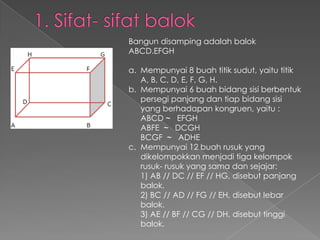 Bangun disamping adalah balok
ABCD.EFGH

a. Mempunyai 8 buah titik sudut, yaitu titik
   A, B, C, D, E, F, G, H.
b. Mempunyai 6 buah bidang sisi berbentuk
   persegi panjang dan tiap bidang sisi
   yang berhadapan kongruen, yaitu :
   ABCD ~ EFGH
   ABFE ~ DCGH
   BCGF ~ ADHE
c. Mempunyai 12 buah rusuk yang
   dikelompokkan menjadi tiga kelompok
   rusuk- rusuk yang sama dan sejajar:
   1) AB // DC // EF // HG, disebut panjang
   balok.
   2) BC // AD // FG // EH, disebut lebar
   balok.
   3) AE // BF // CG // DH, disebut tinggi
   balok.
 