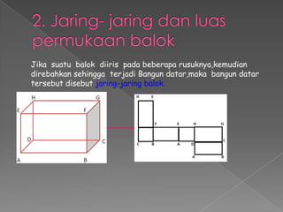 Jika suatu balok diiris pada beberapa rusuknya,kemudian
direbahkan sehingga terjadi Bangun datar,maka bangun datar
tersebut disebut jaring-jaring balok.
 