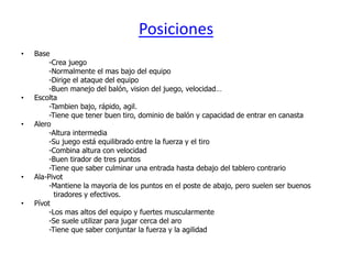 Posiciones
•   Base
         -Crea juego
         -Normalmente el mas bajo del equipo
         -Dirige el ataque del equipo
         -Buen manejo del balón, vision del juego, velocidad…
•   Escolta
         -Tambien bajo, rápido, agil.
         -Tiene que tener buen tiro, dominio de balón y capacidad de entrar en canasta
•   Alero
         -Altura intermedia
         -Su juego está equilibrado entre la fuerza y el tiro
         -Combina altura con velocidad
         -Buen tirador de tres puntos
         -Tiene que saber culminar una entrada hasta debajo del tablero contrario
•   Ala-Pivot
         -Mantiene la mayoria de los puntos en el poste de abajo, pero suelen ser buenos
           tiradores y efectivos.
•   Pívot
         -Los mas altos del equipo y fuertes muscularmente
         -Se suele utilizar para jugar cerca del aro
         -Tiene que saber conjuntar la fuerza y la agilidad
 
