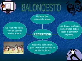 No recibir la pelota 
con las palmas 
de las manos. 
Recibir la pelota bien, 
para lanzarla o pasarla sin 
pérdida de tiempo. 
Los dedos, muñecas 
y antebrazos deben 
ceder al contactar 
la pelota. 
Debes mirar 
siempre la pelota. 
RECEPCIÓN 

