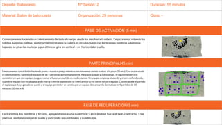 Deporte: Baloncesto Nº Sesión: 2 Duración: 55 minutos
Material: Balón de baloncesto Organización: 29 personas Otros: -
FASE DE ACTIVACIÓN (5 min)
Comenzaremos haciendo un calentamiento de todo el cuerpo, desde los pies hasta la cabeza. Empezaremos rotando los
tobillos, luego las rodillas, posteriormente rotamos la cadera en círculos, luego con los brazos y hombros subiendo y
bajando, se giran las muñecas y por último se gira en vertical y en horizontal el cuello.
PARTE PRINCIPAL(45 min)
Empezaremos con el balón haciendo pases a nuestra pareja mientras nos movemos dando vueltas a la pista (10 min). Una vez acabado
el calentamiento, haremos 6 equipos de de 5 personas aproximadamente, 4 equipos juegan y 2 descansan. El siguiente ejercicio
consistirá en que dos equipos jueguen como si fuese un partido en medio campo. Un equipo empieza atacando y el otro defendiendo,
cuando el equipo que estaba atacando marca o pierde la posesión se intercambia su rol con el del otro equipo. Cuando acabe el partido
el equipo que haya ganado se queda y el equipo perdedor se cambia por un equipo descansando. Se realizarán 4 partidos de 10
minutos (10 min x 4)
FASE DE RECUPERACIÓN(5 min)
Estiraremos los hombros y brazos, apoyándonos a una superficie y estirándose hacia el lado contrario, y las
piernas, sentandonos en el suelo y estirando isquiotibiales y cuádriceps.
 
