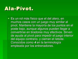 Ala-Pívot. Es un rol más físico que el del alero, en muchos casos con un juego muy similar al pívot. Mantiene la mayoría de los puntos en el poste bajo, aunque algunos pueden llegar a convertirse en tiradores muy efectivos. Sirven de ayuda al pívot para impedir el juego interior del equipo contrario, y cierran el rebote. Conocidos como  4  en la terminología empleada por los entrenadores.  