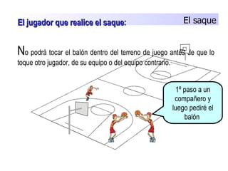 El saque N o podrá tocar el balón dentro del terreno de juego antes de que lo toque otro jugador, de su equipo o del equipo contrario. 1º paso a un compañero y luego pediré el balón  El jugador que realice el saque : 