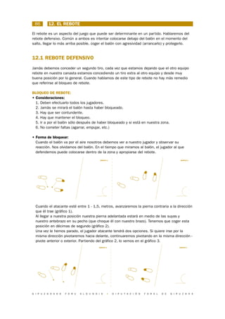 86       12. EL REBOTE

El rebote es un aspecto del juego que puede ser determinante en un partido. Hablaremos del
rebote defensivo. Común a ambos es intentar colocarse debajo del balón en el momento del
salto, llegar lo más arriba posible, coger el balón con agresividad (arrancarlo) y protegerlo.


12.1 REBOTE DEFENSIVO
Jamás debemos conceder un segundo tiro, cada vez que estamos dejando que el otro equipo
rebote en nuestra canasta estamos concediendo un tiro extra al otro equipo y desde muy
buena posición por lo general. Cuando hablamos de este tipo de rebote no hay más remedio
que referirse al bloqueo de rebote.

BLOQUEO DE REBOTE:
• Consideraciones:
  1. Deben efectuarlo todos los jugadores.
  2. Jamás se mirará el balón hasta haber bloqueado.
  3. Hay que ser contundente.
  4. Hay que mantener el bloqueo.
  5. Ir a por el balón sólo después de haber bloqueado y si está en nuestra zona.
  6. No cometer faltas (agarrar, empujar, etc.)

• Forma de bloquear:
  Cuando el balón va por el aire nosotros debemos ver a nuestro jugador y observar su
  reacción. Nos olvidamos del balón. En el tiempo que miramos al balón, el jugador al que
  defendemos puede colocarse dentro de la zona y apropiarse del rebote.

                                             GRÁFICO 1                                                  GRÁFICO 2




  Cuando el atacante esté entre 1 - 1,5, metros, avanzaremos la pierna contraria a la dirección
  que él trae (gráfico 1).
  Al llegar a nuestra posición nuestra pierna adelantada estará en medio de las suyas y
  nuestro antebrazo en su pecho (que choque él con nuestro brazo). Tenemos que coger esta
  posición en décimas de segundo (gráfico 2).
  Una vez le hemos parado, el jugador atacante tendrá dos opciones. Si quiere irse por la
  misma dirección pivotaremos hacia delante, continuaremos pivotando en la misma dirección -
  pivote anterior o exterior. Partiendo del gráfico 2, lo vemos en el gráfico 3.
                                            GRÁFICO 2                                                  GRÁFICO 3




G I P U Z K O A K O   F O R U   A L D U N D I A     •    D I P U T A C I Ó N   F O R A L   D E   G I P U Z K O A
 