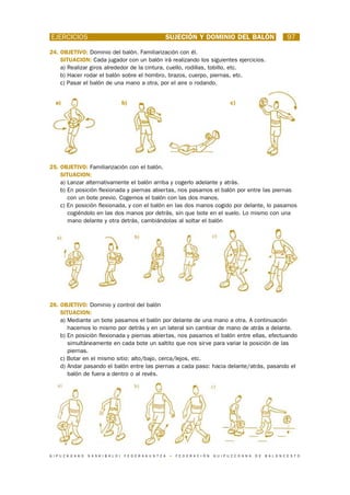 EJERCICIOS                                                            SUJECIÓN Y DOMINIO DEL BALÓN                                         97

24. OBJETIVO: Dominio del balón. Familiarización con él.
    SITUACION: Cada jugador con un balón irá realizando los siguientes ejercicios.
    a) Realizar giros alrededor de la cintura, cuello, rodillas, tobillo, etc.
    b) Hacer rodar el balón sobre el hombro, brazos, cuerpo, piernas, etc.
    c) Pasar el balón de una mano a otra, por el aire o rodando.


   a)                                       b)                                                            c)




25. OBJETIVO: Familiarización con el balón.
    SITUACION:
    a) Lanzar alternativamente el balón arriba y cogerlo adelante y atrás.
    b) En posición flexionada y piernas abiertas, nos pasamos el balón por entre las piernas
       con un bote previo. Cogemos el balón con las dos manos.
    c) En posición flexionada, y con el balón en las dos manos cogido por delante, lo pasamos
       cogiéndolo en las dos manos por detrás, sin que bote en el suelo. Lo mismo con una
       mano delante y otra detrás, cambiándolas al soltar el balón




26. OBJETIVO: Dominio y control del balón
    SITUACION:
    a) Mediante un bote pasamos el balón por delante de una mano a otra. A continuación
       hacemos lo mismo por detrás y en un lateral sin cambiar de mano de atrás a delante.
    b) En posición flexionada y piernas abiertas, nos pasamos el balón entre ellas, efectuando
       simultáneamente en cada bote un saltito que nos sirve para variar la posición de las
       piernas.
    c) Botar en el mismo sitio: alto/bajo, cerca/lejos, etc.
    d) Andar pasando el balón entre las piernas a cada paso: hacia delante/atrás, pasando el
       balón de fuera a dentro o al revés.




G I P U Z K O A K O   S A S K I B A L O I   F E D E R A K U N T Z A    •   F E D E R A C I Ó N   G U I P U Z C O A N A   D E   B A L O N C E S T O
 