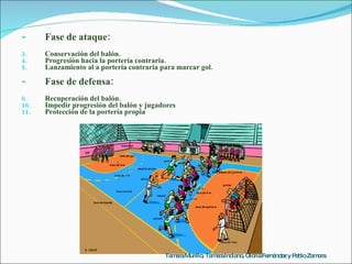 Fase de ataque: Conservación del balón. Progresión hacia la portería contraria. Lanzamiento al a portería contraria para marcar gol. Fase de defensa: Recuperación del balón. Impedir progresión del balón y jugadores Protección de la portería propia Tamara Murillo, Tamara Indiano, Gloria Fernández y Pablo Zamora 