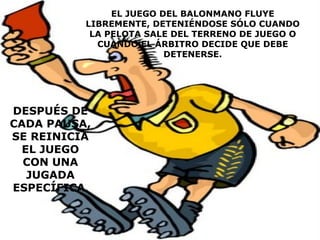 EL JUEGO DEL BALONMANO FLUYE LIBREMENTE, DETENIÉNDOSE SÓLO CUANDO LA PELOTA SALE DEL TERRENO DE JUEGO O CUANDO EL ÁRBITRO DECIDE QUE DEBE DETENERSE. DESPUÉS DE CADA PAUSA, SE REINICIA EL JUEGO CON UNA JUGADA ESPECÍFICA . 