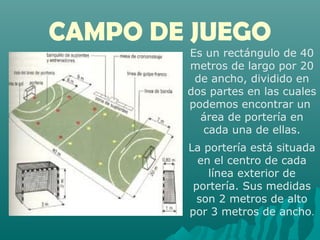 CAMPO DE JUEGO
Es un rectángulo de 40
metros de largo por 20
de ancho, dividido en
dos partes en las cuales
podemos encontrar un
área de portería en
cada una de ellas.
La portería está situada
en el centro de cada
línea exterior de
portería. Sus medidas
son 2 metros de alto
por 3 metros de ancho.
 