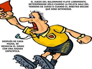 EL JUEGO DEL BALONMANO FLUYE LIBREMENTE,
DETENIÉNDOSE SÓLO CUANDO LA PELOTA SALE DEL
TERRENO DE JUEGO O CUANDO EL ÁRBITRO DECIDE
QUE DEBE DETENERSE.
DESPUÉS DE CADA
PAUSA, SE
REINICIA EL JUEGO
CON UNA JUGADA
ESPECÍFICA.
 