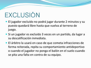 EXCLUSIÓN 
 El jugador excluido no podrá jugar durante 2 minutos y su 
puesto quedará libre hasta que vuelva al terreno de 
juego. 
 Si un jugador es excluido 3 veces en un partido, da lugar a 
su descalificación inmediata. 
 El árbitro la usará en caso de que cometa infracciones de 
forma reiterada, repita su comportamiento antideportivo 
o cuando el jugador no ponga el balón en el suelo cuando 
se pita una falta en contra de su equipo. 
 