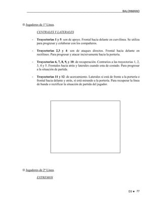 BALONMANO
D3 ♥ 77
⊗ Jugadores de 1º Línea.
CENTRALES Y LATERALES
- Trayectorias 1 y 5: son de apoyo. Frontal hacia delante en curvilínea. Se utiliza
para progresar y colaborar con los compañeros.
- Trayectorias 2,3 y 4: son de ataques directos. Frontal hacia delante en
rectilíneo. Para progresar y atacar incisivamente hacia la portería.
- Trayectorias 6, 7, 8, 9, y 10: de recuperación. Contrarios a las trayectorias 1, 2,
3, 4 y 5. Frontales hacia atrás y laterales cuando esta de costado. Para progresar
a la situación de partida.
- Trayectorias 11 y 12: de acercamiento. Laterales si está de frente a la portería o
frontal hacia delante y atrás, sí está mirando a la portería. Para recuperar la línea
de banda o rectificar la situación de partida del jugador.
⊗ Jugadores de 2º Línea.
EXTREMOS
 