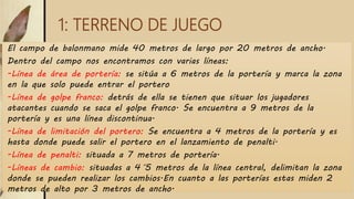 1: TERRENO DE JUEGO
El campo de balonmano mide 40 metros de largo por 20 metros de ancho.
Dentro del campo nos encontramos con varias líneas:
-Línea de área de portería: se sitúa a 6 metros de la portería y marca la zona
en la que solo puede entrar el portero
-Línea de golpe franco: detrás de ella se tienen que situar los jugadores
atacantes cuando se saca el golpe franco. Se encuentra a 9 metros de la
portería y es una línea discontinua.
-Línea de limitación del portero: Se encuentra a 4 metros de la portería y es
hasta donde puede salir el portero en el lanzamiento de penalti.
-Línea de penalti: situada a 7 metros de portería.
-Líneas de cambio: situadas a 4´5 metros de la línea central, delimitan la zona
donde se pueden realizar los cambios.En cuanto a las porterías estas miden 2
metros de alto por 3 metros de ancho.
 