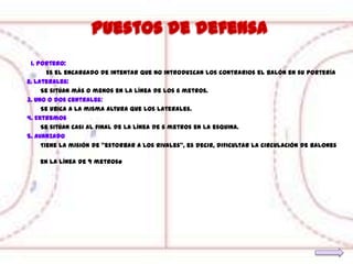 1. Portero:
       Es el encargado de intentar que no introduzcan los contrarios el balón en su portería
2. Laterales:
     Se sitúan más o menos en la línea de los 6 metros.
3. Uno o dos centrales:
     Se ubica a la misma altura que los laterales.
4. Extremos
     Se sitúan casi al final de la línea de 6 metros en la esquina.
5. Avanzado
     Tiene la misión de “estorbar a los rivales”, es decir, dificultar la circulación de balones

    en la línea de 9 metros   .
 
