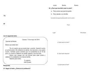 19.
20
Lee el siguiente texto
Responde:
21. Según el texto, ¿Cómo es la profesora?
Joven. Bonita. Buena.
22. ¿Para qué escribió José la carta?
a. Para contar que pasó de grado.
b. Para saludar a su familia.
Cascas, 13 de mayo de 2016
Querida tía Rosita:
Deseo que estés bien.
Tía, te cuento que ya puedo leer y escribir. Aprendí mucho
en primer grado. Mi profesora es atenta, nos escucha y nos quiere
mucho. También quiero contarte que mi cumpleaños es el 18 de
junio y lo vamos a celebrar con piñata, globos y una rica torta.
Quiero que vengas con mis primos para estar juntos y
celebrar mi cumpleaños con toda la familia.
Saludos para todos.
Tu sobrino,
José Quispe
 