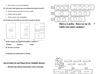 c. Para invitar a su tía al cumpleaños.
23. ¿Por qué José expresa que su profesora los quiere mucho?
a. Porque siempre los trata con mucho cariño.
b. Porque pasó de grado.
c. Porque quiere ir al cumpleaños
24. El texto que has leído es una carta, escoge su silueta.
25¿En el texto, qué significa la palabra “celebrar”?
Festejar. Comprar. Invitar.
26 Escribe un cuento
27 Estudiar las silabas para su dictado.
BALOTARIO DE MATEMATICAS PRIMER GRADO
1. Donde hay tantas manzanas como naranjas
5
 