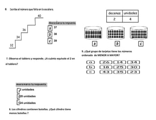 7. Observa el tablero y responde. ¿A cuánto equivale el 2 en
el tablero?
8. Los cilindros contienen botellas. ¿Qué cilindro tiene
menos botellas ?
9. ¿Qué grupo de tarjetas tiene los números
ordenado de MENOR A MAYOR?
6
37
38
39
2 unidades
20 unidades
24 unidades
 