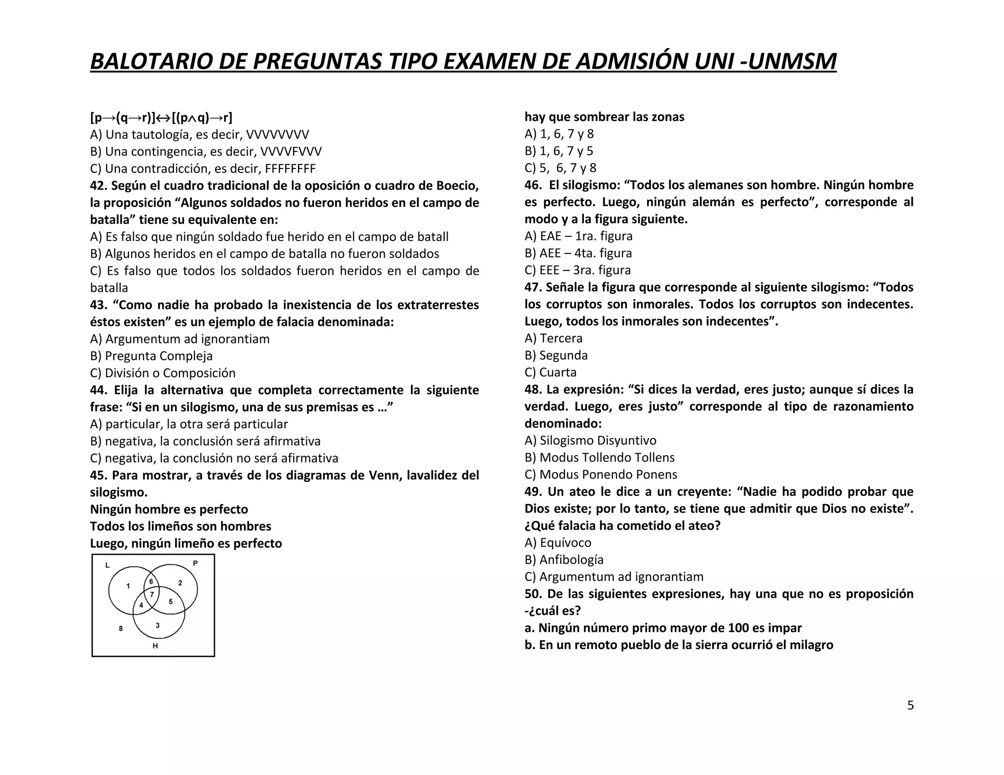 Balotario De Preguntas Tipo Examen De AdmisióN Uni Unmsm | DOC | Science