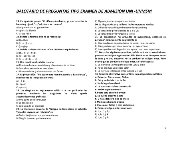 Balotario De Preguntas Tipo Examen De AdmisióN Uni Unmsm | DOC | Science