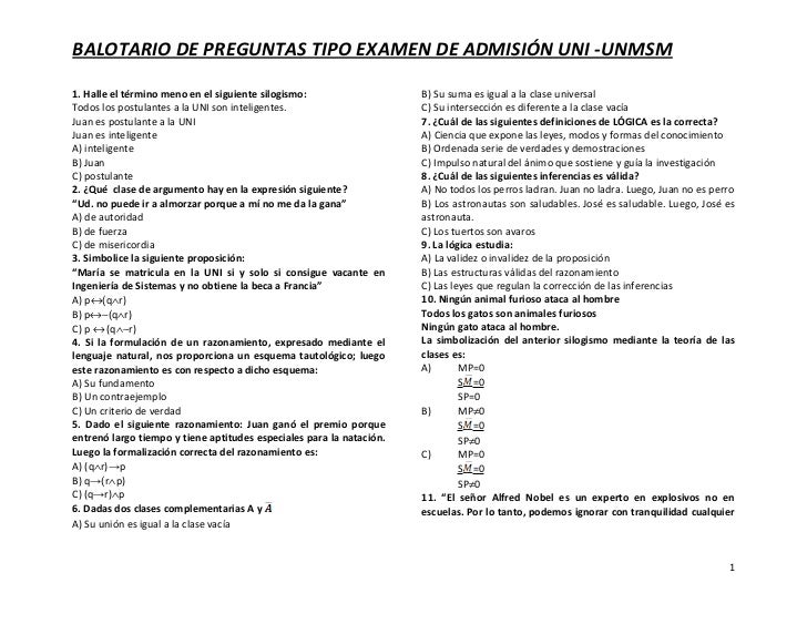 Balotario De Preguntas Tipo Examen De AdmisióN Uni Unmsm
