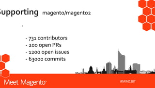#MM18IT
Supporting magento/magento2
●
- 731 contributors
- 200 open PRs
- 1200 open issues
- 63000 commits
 